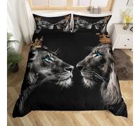 Loussiesd Lion Duvet Cover King Size Gold Queen and King Crown Print Bedding Set For Kids Safari Print Comforter Cover Set Wild Animal Black Bedspread Cover Room Decor Bedclothes Zipper