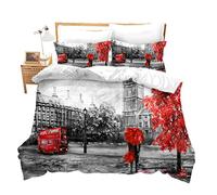 Loussiesd London Bedding Set for Couples Soft Microfiber Big Ben Duvet Cover Grey Red Double Decker Bus Pattern Comforter Cove Decorative Cityscape Bedspread Cover Street Double Zipper&Ties