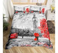 Loussiesd London Bedding Set for Couples Soft Microfiber Big Ben Duvet Cover Grey Red Double Decker Bus Pattern Comforter Cove Decorative Cityscape Bedspread Cover Street Junior/Cot Bed Zipper&Ties