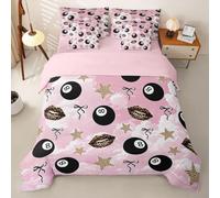 Loussiesd Lucky 8 Ball Duvet Cover With Sheets 7 Piece Double Size Lips Stars Bows Print Bedding Set for Kids Boys Girls Pink Cloud Bed in a Bag Y2K Aesthetic Room Decor Soft Lightweight Microfiber