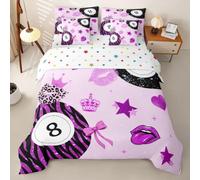 Loussiesd Lucky 8 Ball Duvet Cover With Sheets 7 Piece Double Size Y2K Zebra Print Bedding Set for Kids Boys Girls Lips Stars Bows Print Bed in a Bag Purple Room Decor Soft Lightweight Microfiber