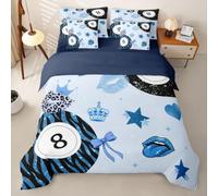 Loussiesd Lucky 8 Ball Single Duvet Cover with Sheets for Kids Boys Girls Y2K Zebra Print 7 Pieces Bedding Set Lips Stars Bows Print Bed in a Bag Blue Room Decor Soft Lightweight Microfiber