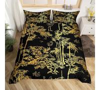 Loussiesd Luxury Black Gold Bedding Bamboo Comforter Cover for Man Woman Senior Bedroom,Eastern Botanical Duvet Cover Oriental Gift Quilt Cover Fashion Decor 2 Pcs Junior/Cot Bed Size