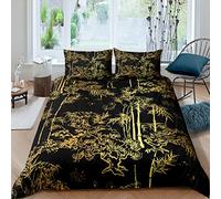 Loussiesd Luxury Black Gold Bedding Bamboo Comforter Cover for Man Woman Senior Bedroom,Eastern Botanical Duvet Cover Oriental Gift Quilt Cover Fashion Decor 3 Pcs Double Size