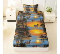 Loussiesd Mallard Duck Fitted Sheet with 1 Pillowcase Single Size Sunset Tree Print Bed Sheets Set 40cm Deep Pocket Boys Girls Hunting Duck Bedding Teens Bedroom Decor Soft Microfiber