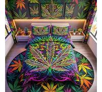 Loussiesd Marijuana Leaf Bedding Set for Men Adults Cannabis Leaves Comforter Cover Marijuana Weed Leaf Print Duvet Cover Room Decor Psychedelic Colorful Botanical Bedspread Cover Double Size 3Pcs