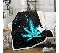 Loussiesd Marijuana Leaf Fleece Throw Blanket Cannabis Leaves Sherpa Blanket for Kids Boys Girls Galaxy Outer Space Teal Blue Decor Plush Blanket Nebula Fuzzy Blanket for Sofa Bed,Double 60x79 Inch