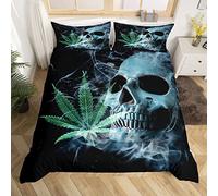 Loussiesd Marijuana Weed Leaf Double Comforter Cover Teens Skull Decor Duvet Cover for Kids Boys Girls Green Cannabis Microfiber Bedding Set Gothic Bones Bedspread Cover Bedroom Collection 3Pcs