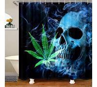 Loussiesd Marijuana Weed Leaf Shower Curtain Cannabis Skull Bones Fabric Shower Curtains for Kids Boys Girls Vibrant Blue Smog Comforter Cover Hemp Skeleton Curtains,180x180cm