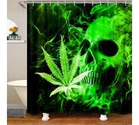 Loussiesd Marijuana Weed Leaf Skull Shower Curtain Cannabis Bones Fabric Shower Curtains for Kids Boys Girls Bright Green Smog Comforter Cover Hemp Skeleton Curtains,180x180cm