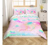 Loussiesd Mermaid Bedding Set Double for Kids Girls Rainbow Pink Mermaid Tail Printed Bedding Cute Reversible Stars Duvet Cover Set Mermaid Fish Scale Decor