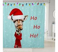Loussiesd Merry Christmas Bath Curtain Xmas Giraffe Shower Curtain Zoo Animal Bathroom Fabric Shower Curtain Set for Safari Wild Blue Waterproof Curtains 72x72 Inch