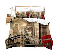 Loussiesd Modern Cityscape Bedding Set Microfiber Soft Personalized London Bridge Printed Duvet Cover Retro Antique Red Telephone Booth Bed Cover Single Bedspread Zipper&Ties 2 Pcs