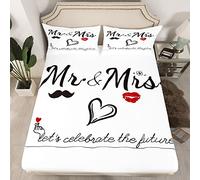 Loussiesd Mr Mrs Fitted Sheet for Couples Bride and Groom Wedding Bedding Set Black White Creative Funny Quotes Bed Sheet Set Modern Valentine Day Gift Bed Cover No Flat Sheet Double Size