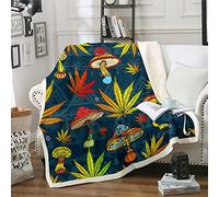 Loussiesd Mushrooms Marijuana Marijuana Weed Leaf Fleece Throw Blanket Cannabis Leaves Trippy Botanical Plush Blanket for Bed Sofa Women Men Bedroom Decor Double 60x79 Inch