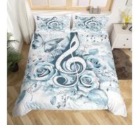 Loussiesd Music Bedding Duvet Cover Set Single Size Music Notes Blue Bedding Set for Kids Boys Girls Romantic Floral Decor Comforter Cover Set Home Decor Bedspread Cover