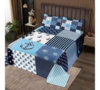Loussiesd Nautical Bed Throw Navigation Theme Patchwork Day Deck Single Quilted Bedspread Blanket Anchor Compass Sailing Ship Print Quilt for Kids Boys Child Bedroom Decor 2pcs