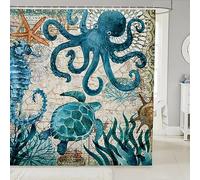 Loussiesd Nautical Shower Curtain 180x180cm Biological Theme Waterproof Shower Curtain Woodland Ocean Sea Turtles Octopus Seahorse Waterproof Fabric Bathroom Vintage Nautical Map with Hooks Blue