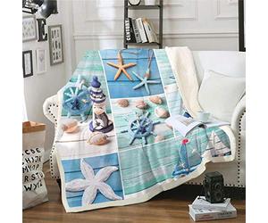 Loussiesd Nautical Theme Fleece Sherpa Blanket Sailboat Starfish Plush Blanket for Chair Sofa Couch Anchor Ocean Themed Throw Blanket Sea Adventure Blue Fuzzy Blanket Baby 30"x40"