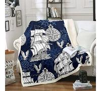 Loussiesd Nautical Theme Fleece Throw Blanket 3D Sailboat Compass Print Sherpa Blanket for Bed Couch Living Room Ocean Wave Plush Fuzzy Double 60"x79"