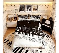 Loussiesd Note Melody Bedding Set Piano Keys Keyboard Duvet Cover Classical Music Jazz Blues Comforter Cover Luxury Stripes Bedspread for Kids Adults Bedroom Collection 3Pcs Double Size,Black,White