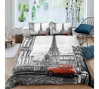 Loussiesd Novelty Duvet Cover Set King Size Decorative Microfiber Polyester Bedding Set Paris Eiffel Tower Print Grey Famous City Scene Comforter Cover with 2 Pillow Shams, Zipper, Modern 3 Pieces