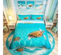 Loussiesd Ocean Beach Duvet Cover Set King Size Sea Turtle Bedding Set 3D Sea Animals Print Microfiber Comforter Cover with 2 Pillow Shams, Blue Hawaii Theme Bedspread Cover 3 Pcs, Zipper, Soft