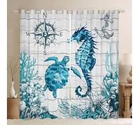 Loussiesd Ocean Crab Window Curtains Starfish Window Dreapes Ocean Beach Blackout CurtainsCoastal Beach Ocean Window Treatments Teal Blue Bedroom Decor W52*L90