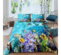Loussiesd Ocean Duvet Cover Set Single Size for Boys Girls Fish Pattern Bedding Set Underwater Comforter Cover with 1 Pillow Shams Novelty Starfish Bedding Microfiber Chic Bedspread Cover Zipper