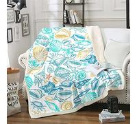 Loussiesd Ocean Scallop Shell Sherpa Blanket 3D Starfish Sea World Fleece Throw Blanket Watercolor Blue Yellow Green Fuzzy Blanket for Sofa Bed,Double 60x79 Inch