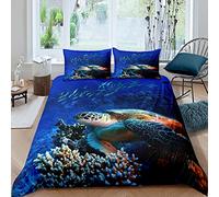 Loussiesd Ocean Sea Turtle Duvet Cover Set 3D Coral Fish Sea World Bedding Set Blue Bedding & Linen Set 3Pcs Double Size Boys