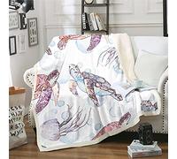 Loussiesd Ocean Sea Turtle Sherpa Blanket 3D Jellyfish Sea World Fleece Throw Blanket Pink Blue Fuzzy Blanket for Sofa Bed,Single 50x60 Inch