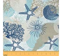 Loussiesd Ocean Starfish Fabric by The Yard Beach Shell Coral Sealife Waterproof Outdoor Fabric for Chairs Marine Sea Creatures for DIY Indoor Outdoor Turquoise Navy Blue 1 Yard (L92*W150cm)