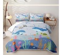 Loussiesd Ocean Whale2 Piece Quilted Bedspread Single Size Sea Turtle Microfiber Lightweight Hawaiian Beach Bedspread Coverlet with 1 Pillowcase Marine Life Sea Bed Covers for All Season Nautical