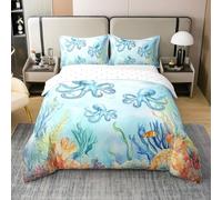 Loussiesd Octopus 100% Cotton Duvet Cover Single Size Kids Ocean Kraken Bubble Comforter Cover for Boys Girls Teens Tentacles Coral Bedding Set Breathable Sealife Sea Animals Bedroom Decor Bedclothes
