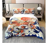 Loussiesd Octopus Bed Cover 100% Cotton Set Japanese Ukiyoe Theme 100% Bed Set for Kids Wave Pattern Duvet Set Underwater Animal 100% Bed Set with 2 Pillowcases Double Size Zipper