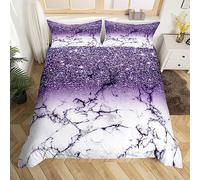 Loussiesd Ombre Purple White Glitter Marble Bedding Duvet Cover Set Silver Shiny Bedding Set Decor Modern Marble Aesthetic Comforter Cover Set Microfiber Bedspread Cover Bedroom Bedclothes Super King