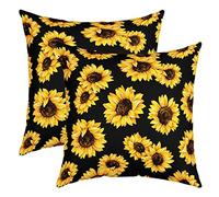 Loussiesd Pack of 2 Sunflower Decorative Throw Pillow Covers Soft Floral Print Square Cushion Case Set for Sofa Bedroom Living Room Yellow Flowers Pattern Black Pillow Cases Pillowcases 22x22 Inch