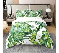 Loussiesd Palm Tree Print Cotton Duvet Cover Set Double Size Girls Tropical Palm Leaf Bedding Set for Kids Teens Women Green Leaves Pattern Decor Comforter Cover Botanical Design Bedspread Cover