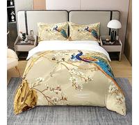 Loussiesd Peacock Peacock with Floral Bedding 100% Cotton Set for Kids Adults Animals 100% Cotton Duvet Cover Botanical Duvet Cover with 2 Pillowcases King Size Zipper