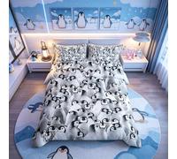Loussiesd Penguin Bedding Set Kids Cute Polar Animal Comforter Cover Set for Boys Girls 3D Penguins Duvet Cover Breathable Black White Funny Wildlife Bedding & Linen King Size