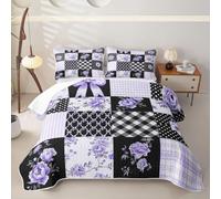 Loussiesd Peony Flower Quilted Bedspread Purple Blossom Flowers Quilted Bedspread Lightweight Coverlet Set King Bow Polka Dot with Pillowcases for All Season Patchwork Gingham Microfiber Bed Decor