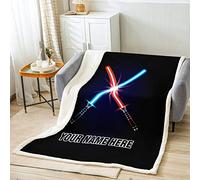 Loussiesd Personalized Lightsaber Throw Blanket Kids Science Fiction Light Sword Sherpa Blanket for Bed Sofa Blue Red Light Saber Fleece Throw Blanket Custom Name Plush Blanket Single 50x60 Inch