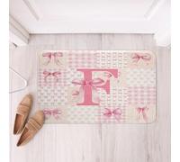 Loussiesd Pink Bow Bathroom Rugs Microfiber 20x32Inch Initial Letter F Bath Mats Non-Slip Cute Bowknot Bathroom Accessories Pink Floor Doormats Plaid Soft Door Mat