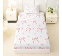 Loussiesd Pink Bow Fitted Sheet Single Size for Kids Girls Cute Bowknot Bed Sheets Set 16" Deep Pocket Soft Breathable Microfiber Kawaii Floral Bedding with 1 Pillowcase Aesthetic Coquette Room Decor