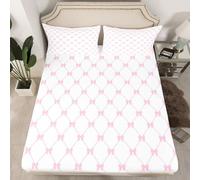 Loussiesd Pink Bow Fitted Sheet Watercolor Bowknot Bed Sheets for Kids Boys Girls Princess Bedding Set Pink White Cute Plaid Sheets Set Bedroom Collection 3Pcs King No Flat Sheet