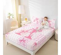 Loussiesd Pink Bow Fitted Sheet With 1 Pillowcase Single Size Initial Letter A Bed Sheets Set 16" Deep Pocket Boys Girls Cute Bowknot Bedding Pink Teens Bedroom Decor Plaid Breathable Soft Lightweight