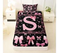 Loussiesd Pink Bow Fitted Sheet with 2 Pillowcases King Size Bow Letter S Bed Sheets Set 16" Deep Pocket Boys Girls Girls Bowknot Bedding Teens Bedroom Decor Breathable Soft Lightweight Microfiber