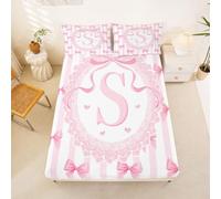 Loussiesd Pink Bow Fitted Sheet with 2 Pillowcases King Size Pink White Striped Bows Bed Sheets Set 16" Deep Pocket Girls Initial S Bedding Teens Bedroom Decor Breathable Soft Lightweight Microfiber
