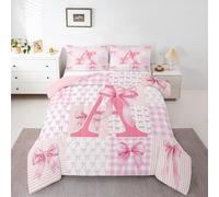 Loussiesd Pink Bow Kids Comforter Set Double Size Initial Letter A Bedding Set Cute Bowknot Duvet Quilt for Kids Boys Girls Bedroom Pink Decor Plaid Microfiber Ultra Soft Breathable